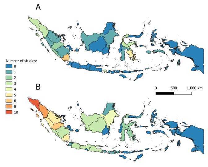 Jumlah kasus HWC yang tercatat pada artikel ilmiah di tahun (a) 1993–2010 dan (b) 2011–2020. Intensitas konflik tertinggi di daerah Sumatera, khususnya Provinsi Aceh dan Sumatera Utara. | Sumber: Rifaie dkk., 2021
