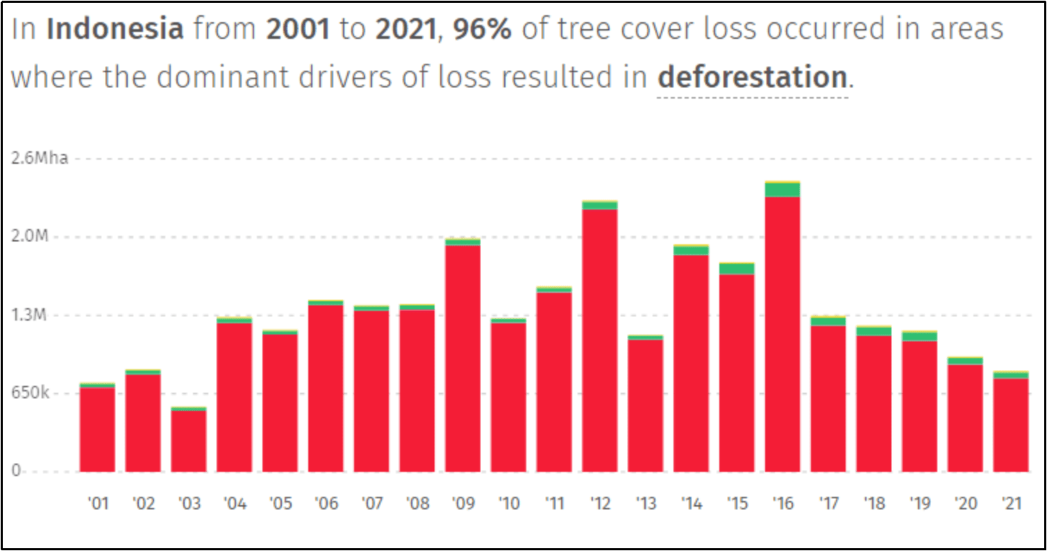 Deforestasi di Indonesia dari tahun 2001 sampai 2021. | Foto: Global Forest Watch