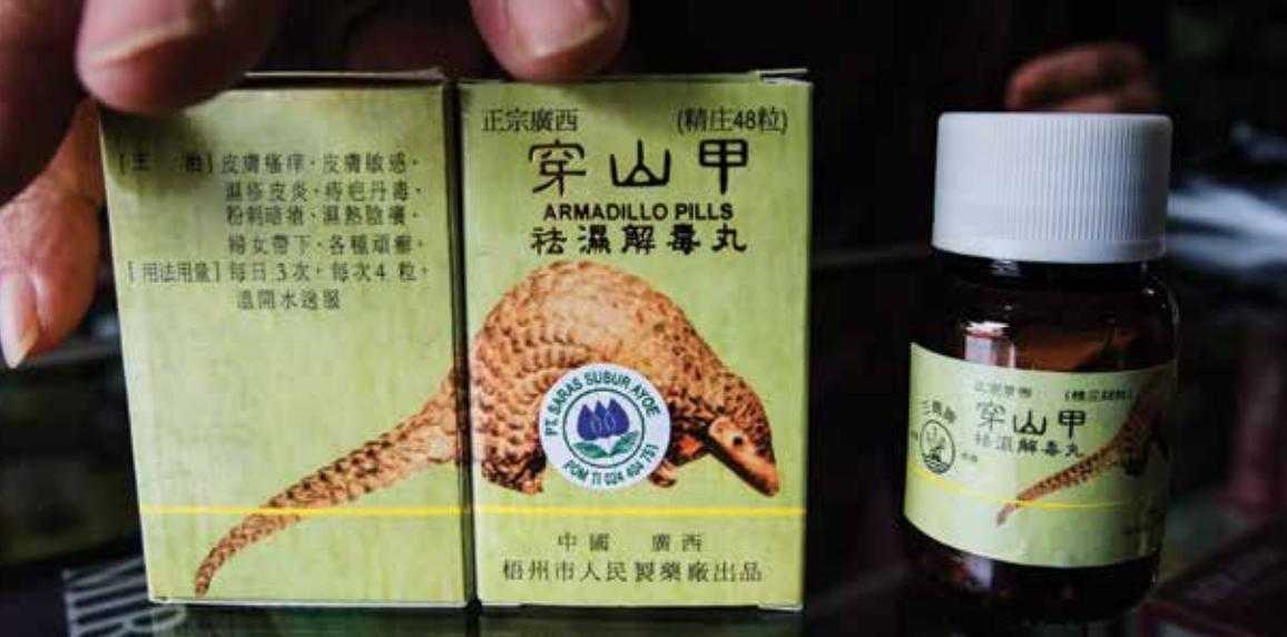 Kemasan obat tradisional Tiongkok yang berbahan sisik trenggiling. | Foto: Wildlife justice
