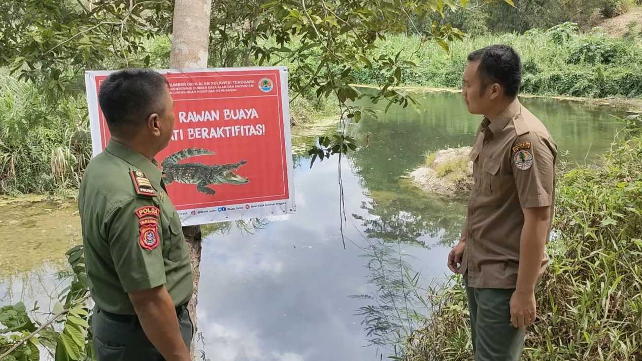 Petugas BKSDA Kota Baubau melakukan pemasangan papan peringatan lokasi rawan buaya. | Foto: Jamil Azali/tvOne