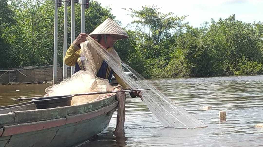 Aktivitas nelayan tangkap ikan tradisional di Sungai Barito, Kelurahan Ulu Benteng, Kecamatan Marabahan, Kabupaten Barito Kuala, dengan menggunakan jala. | Foto: rdy