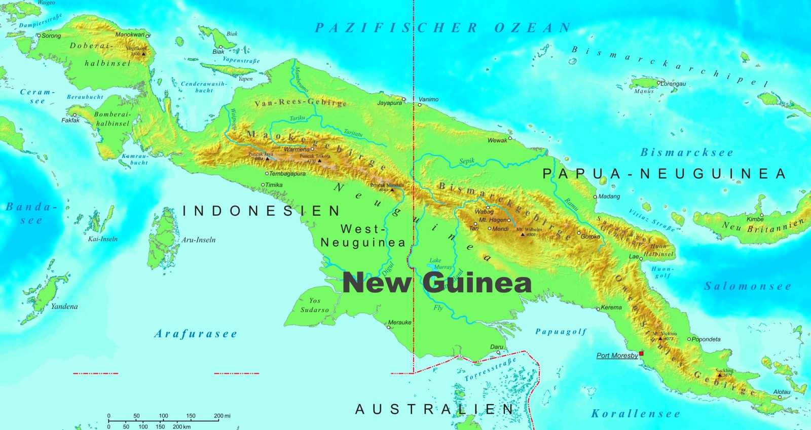 Peta Pulau Papua dengan pegunungan di bagian tengah. | Foto: One The World Map