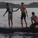 Tiga pemuda terlihat sedang berada di atas punggung bangkai paus sperma di perairan Raja Ampat. | Sumber: @juliano19_/TikTok