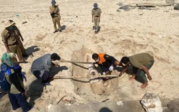 Lumba-lumba bertubuh besar dikuburkan di Pantai Sepanjang, Kabupaten Gunungkidul, Daerah Istimewa Yogyakarta. | Sumber: Kupass.com